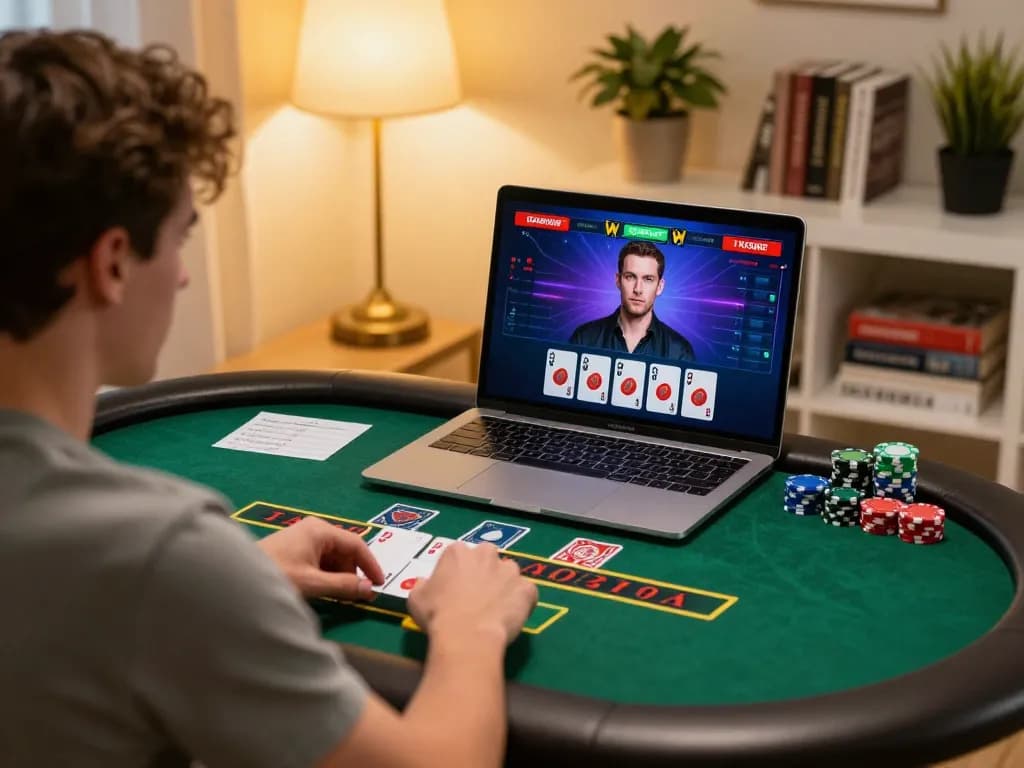 mm88 player strategizing during an online blackjack game at home, focusing on responsible gambling