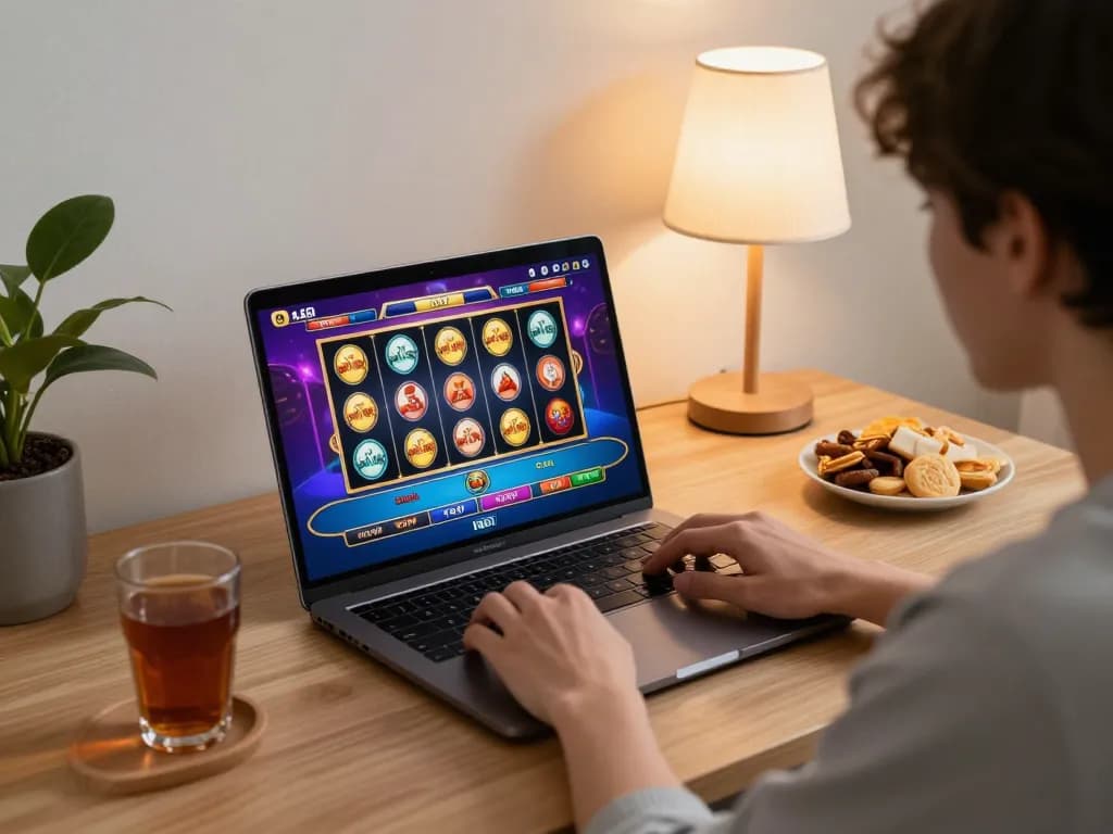 Experience thrilling online casino gaming with qq8827 at home, showing engaged player and vibrant game interface