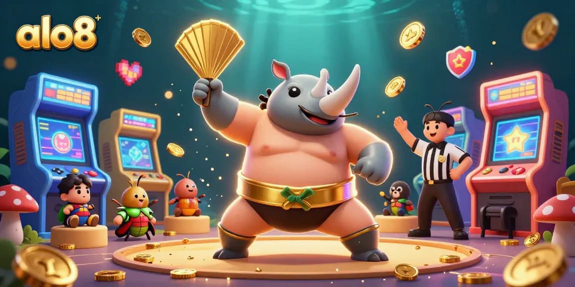 Win big at alo8 with a vibrant illustration of a beetle sumo champion amidst a lively casino atmosphere