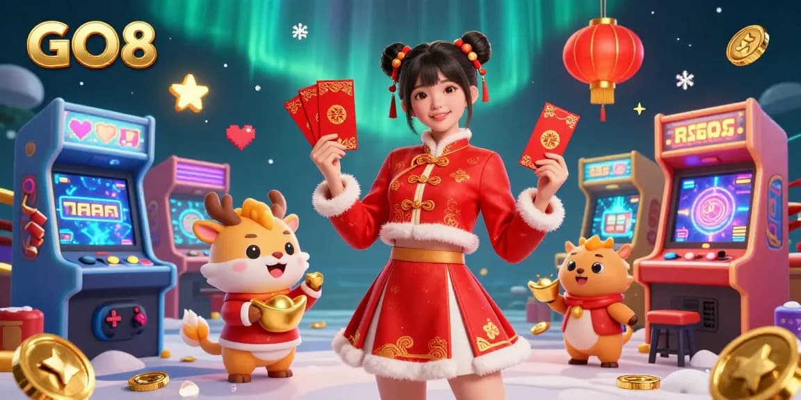 Engage with GO8's vibrant gaming world featuring a woman in a Lunar New Year outfit and festive elements.