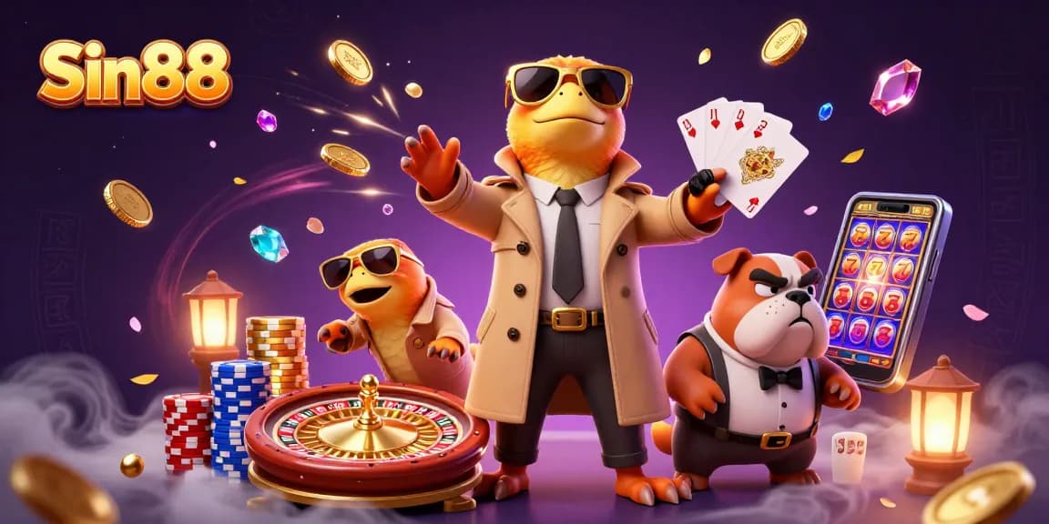 Watch Sin88's vibrant characters engage in thrilling casino fun, with sparkling gems and flying coins.