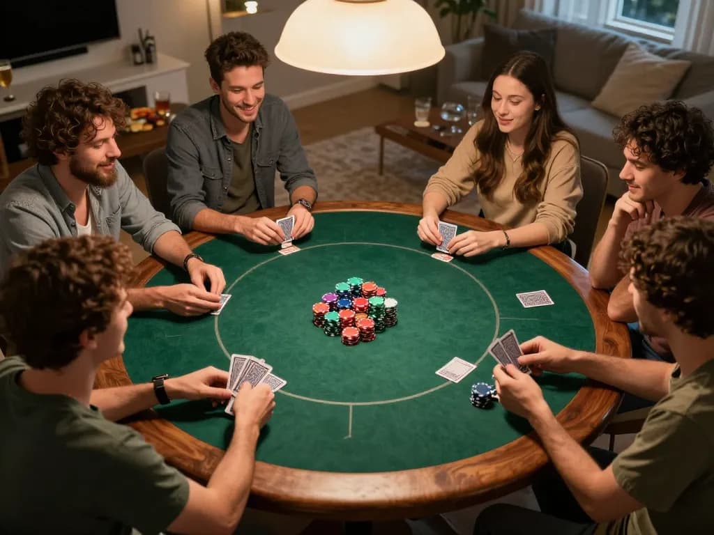 Friends engaging in a home poker night with RR88, vibrant poker chips and cards in play create a lively atmosphere.