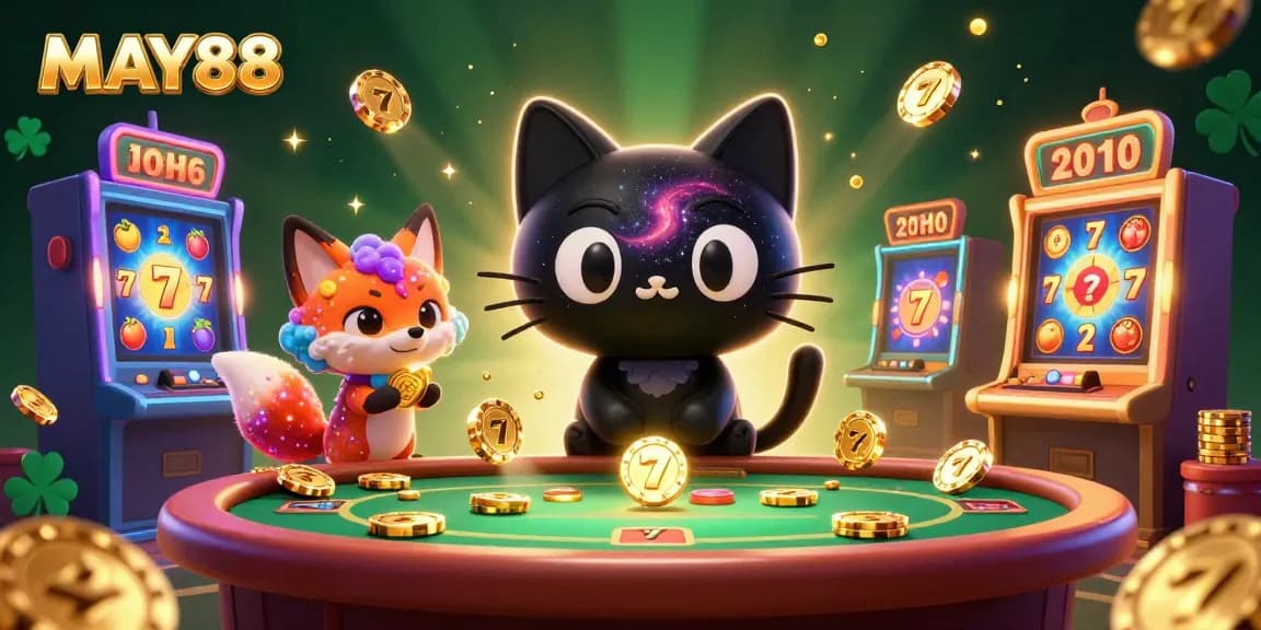 MAY88 showcases a playful cosmic gambling scene with a black hole cat attracting slot symbols and coins.
