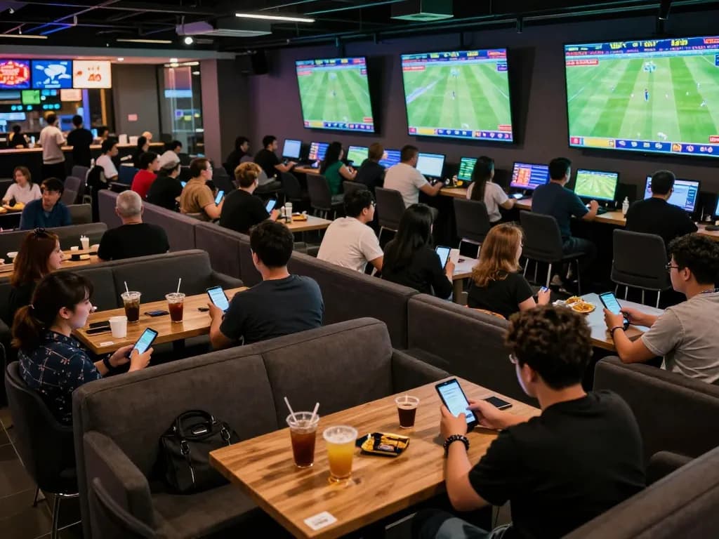 Fans engaging in live sports betting, checking tỷ lệ kèo nhà cái on their devices in a vibrant, lively lounge