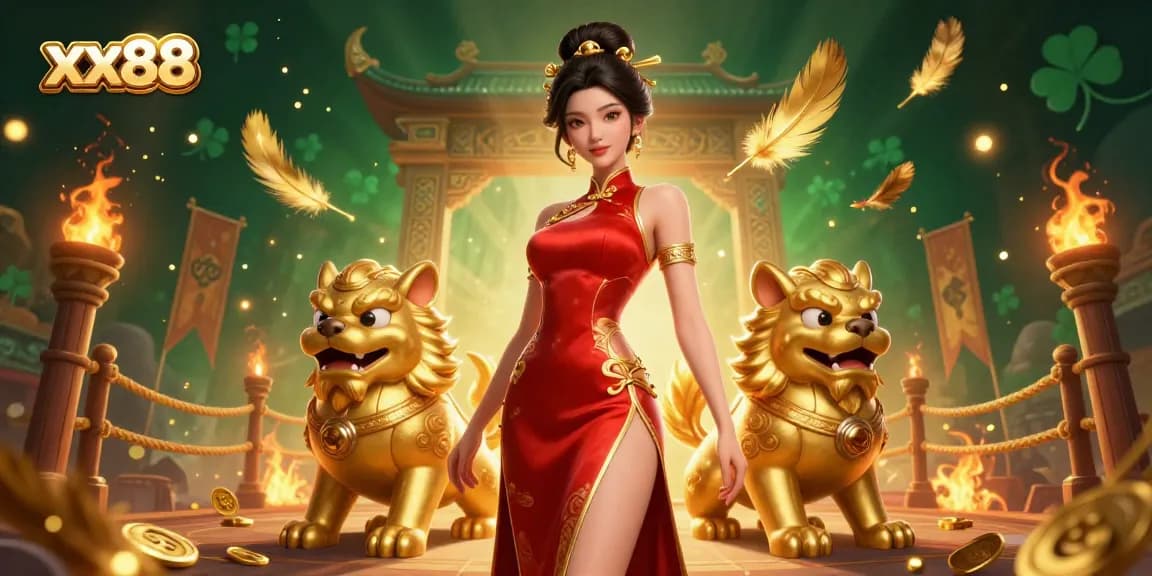 xx88 delivers exciting gameplay as a glamorous Asian woman celebrates with fortune symbols and golden tokens in a vibrant casino.