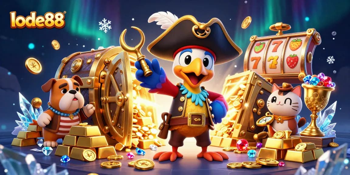Experience the excitement of lode88 with thrilling slot reels and gems in a vibrant 3D casino scene.