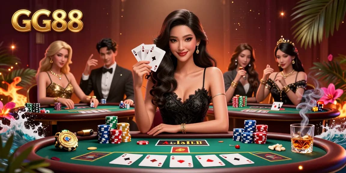 Experience the thrill of GG88 with a stunning poker scene featuring an elegant Asian woman, chips, and cards on a vibrant casino backdrop.
