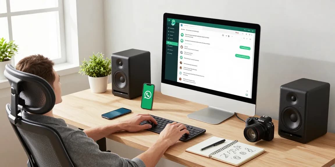 Using WhatsApp電腦版 on desktop in a modern workspace integrating communication tools and tech gadgets.