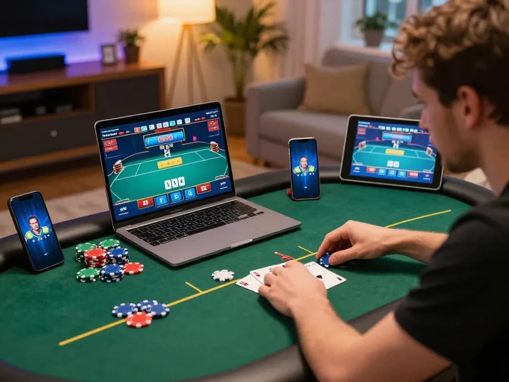 Player engaging with 88bet poker game on laptop, chips scattered, modern home gaming setting.