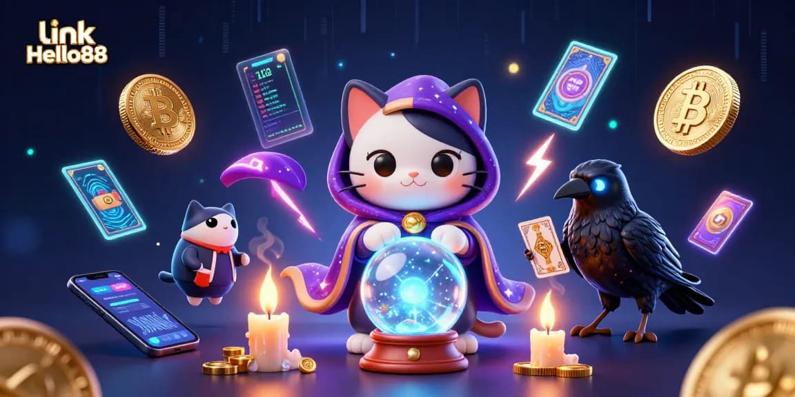 Engage with link Hello88 through a vibrant, dynamic 3D gambling scene featuring crypto elements and mystical characters.