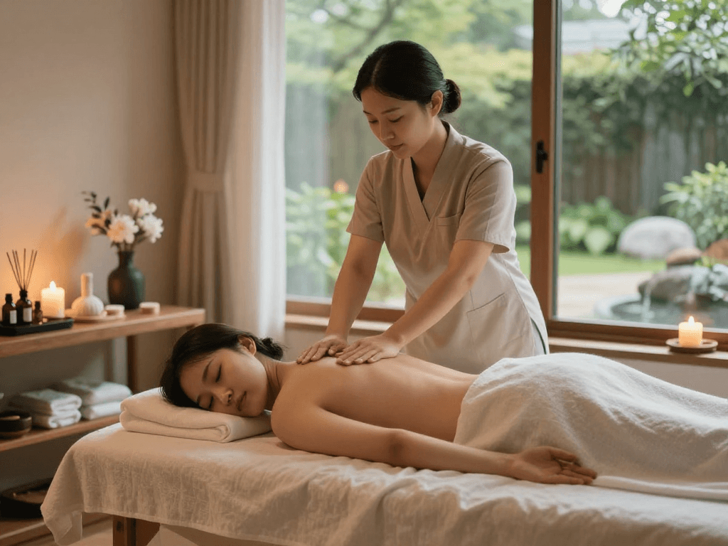 Serene 인천출장마사지 therapy scene in a calming spa environment.