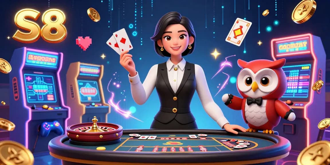 S8 Casino: Engage in immersive baccarat with a professional dealer and charming owl assistant in dynamic gaming artwork.