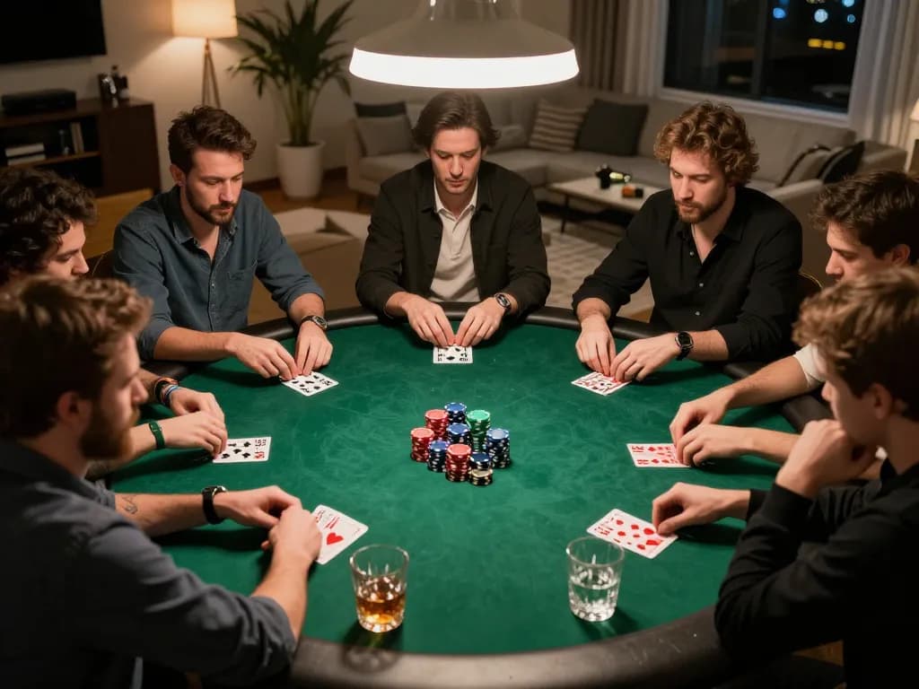 B52club players engaging in poker strategy during an evening home game setup.