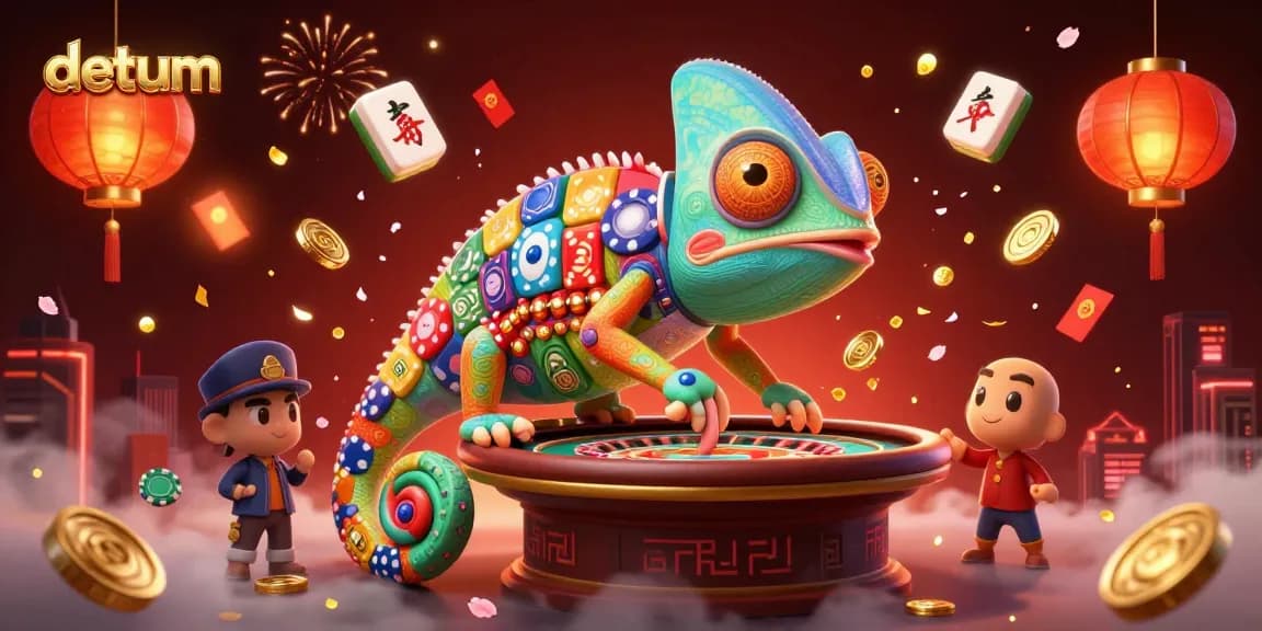 Engage in thrilling casino gaming at datum with a vibrant chameleon character and festive gambling elements.