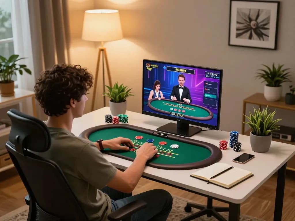 Person engaging with Nhà cái af88 online blackjack game on their laptop in a stylish home setup.