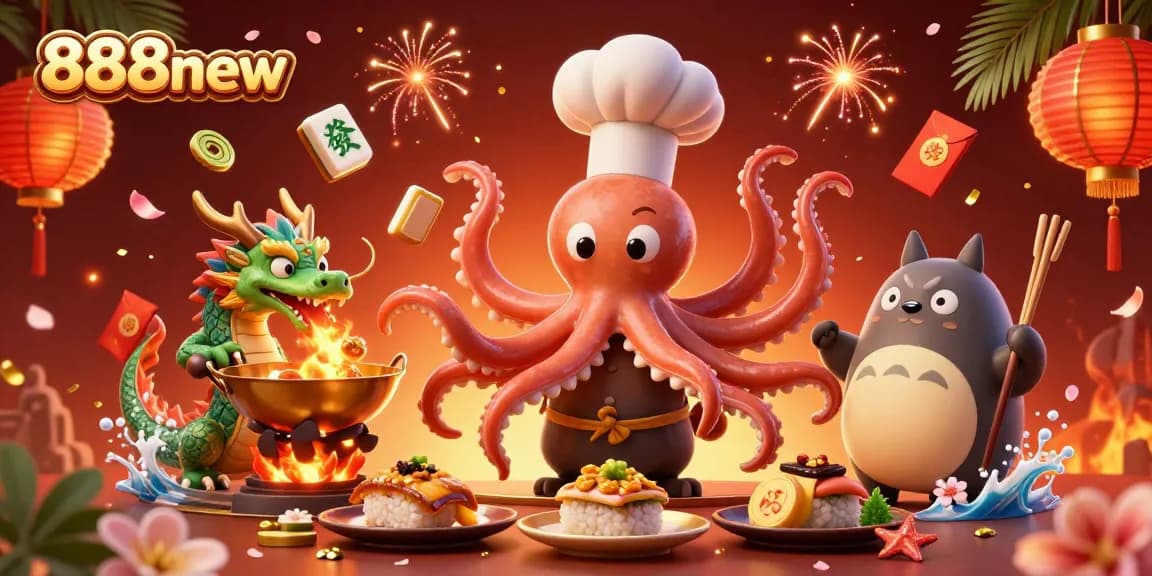 Engage in thrilling gameplay at 888new with vibrant 3D characters preparing golden dishes in a dynamic casino setting.