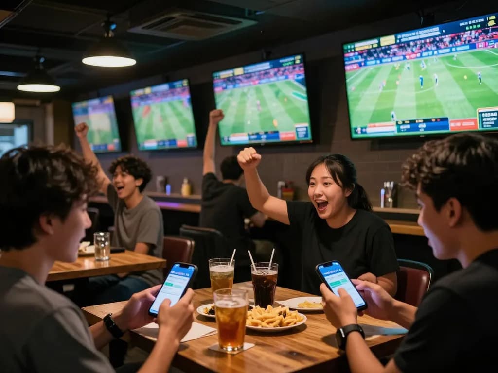 Excited fans engaging in sports betting on MM88 platform at a lively sports bar.