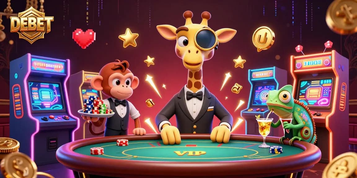Experience thrilling games with Debet's dazzling high-roller giraffe at a vibrant casino scene.