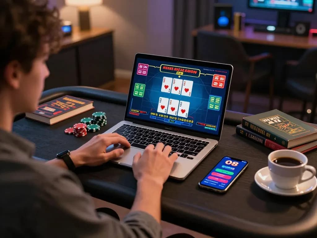 O8 online casino player immersed in live blackjack game on laptop with vibrant cards.