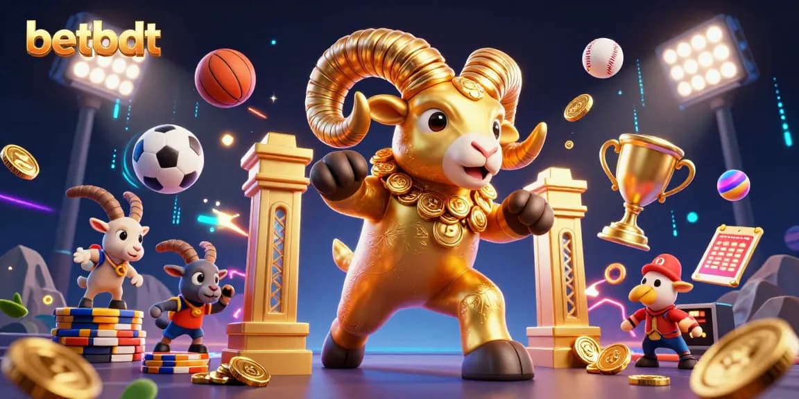 Betbdt showcases an exciting scene with a golden ram charging through a dynamic sports-themed environment.