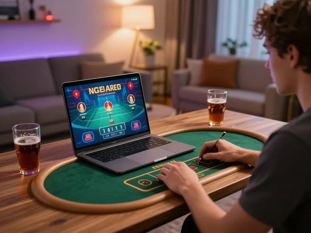 Player enjoying engaging live dealer games on MV66 from a cozy home setup with ambient lighting.