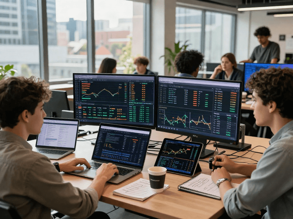 Comprando criptomonedas en un espacio de trabajo moderno con gráficos y pantallas informativas.
