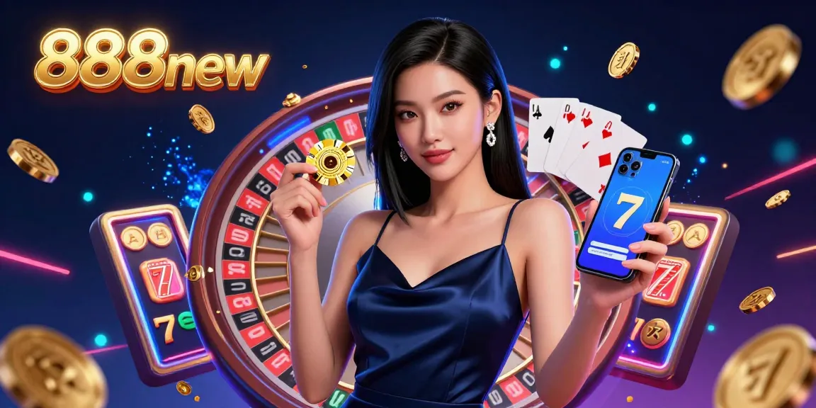 Experience the vibrant thrill of 888new casino games with a stunning Asian woman promoting winning strategies alongside dynamic gaming elements.