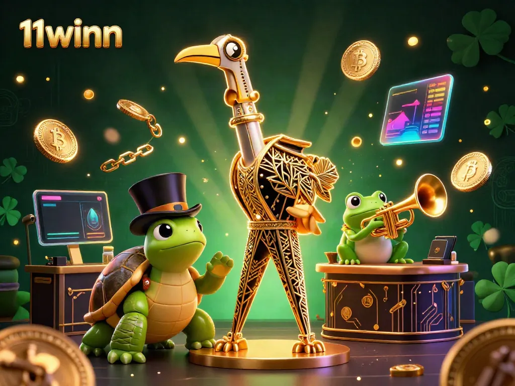 Experience vibrant gaming at 11winn with dynamic characters and cryptocurrency elements merging in a lively casino atmosphere.