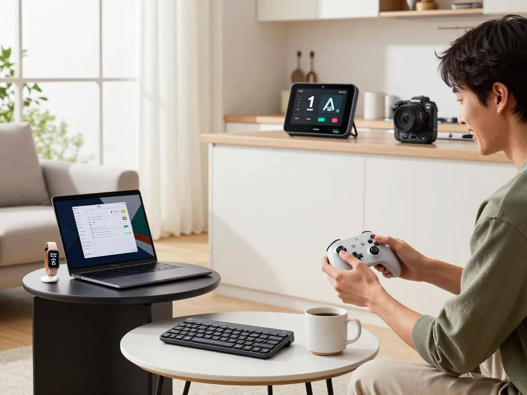 Showcase of unique tech gadgets including 8BitDo Ultimate 2 controller and Fitbit Charge 6 in a modern living room.