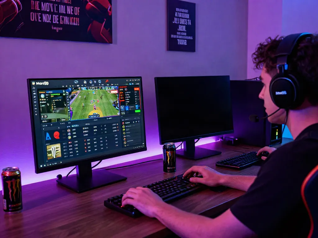Engaged player using the Man88 platform for online betting in a vibrant gaming setup.