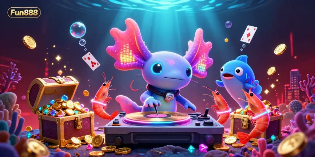 Engage in thrilling gameplay at Fun888 with neon-centric underwater DJ and vibrant casino elements.
