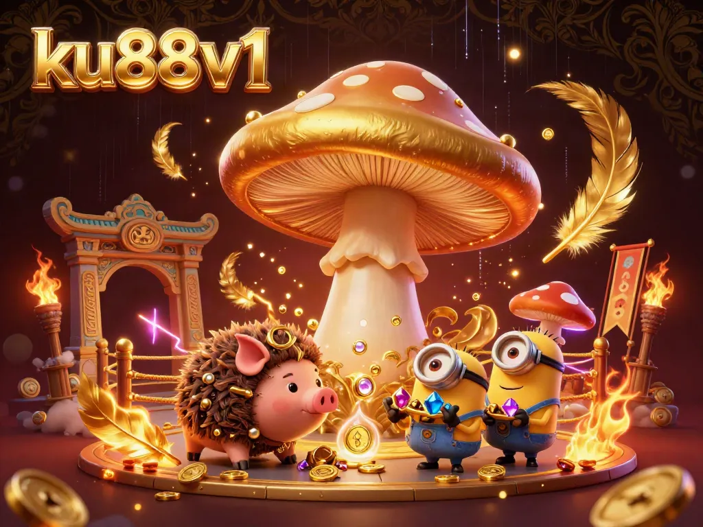 Experience the magic of ku88v1 with a whimsical golden wizard and treasure-hunting pig in a vibrant casino scene.