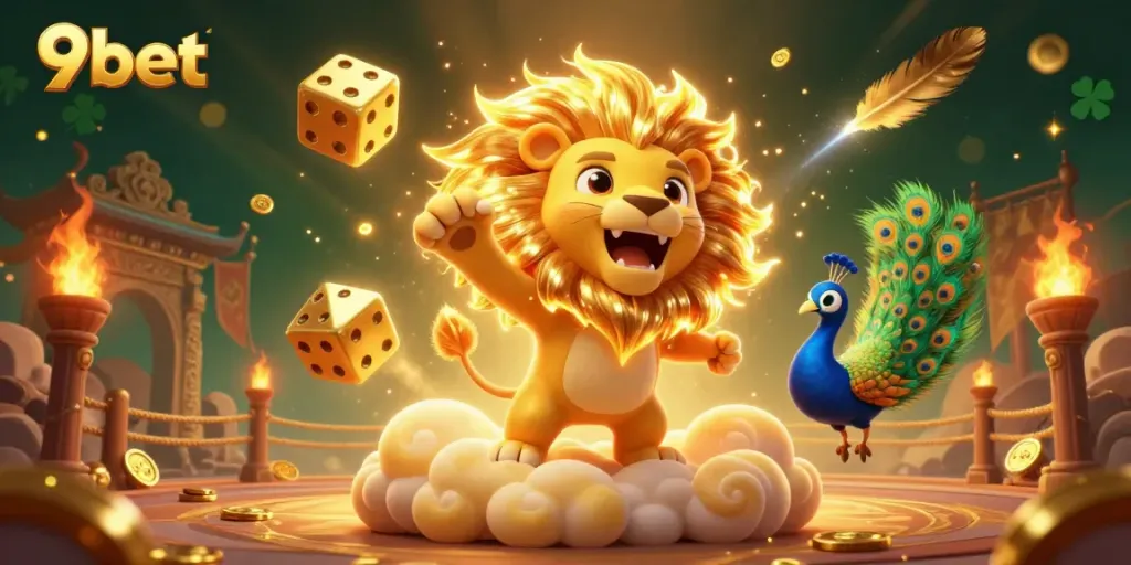 Experience the excitement of 9bet with vibrant characters and gold-themed elements in a lively online casino scene.