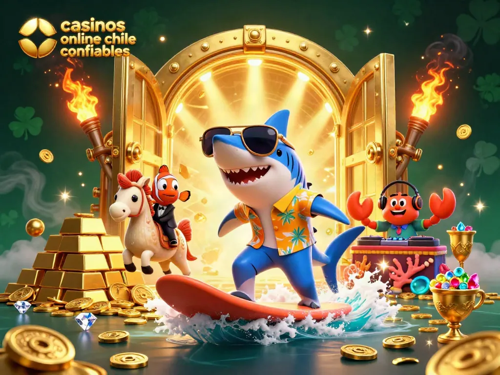 Visualiza los casinos online chilenos confiables con diseño colorido, personajes interactuando y bonos atractivos.