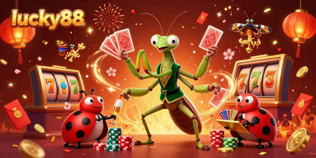 Experience the excitement of lucky88 with a vibrant casino illustration featuring a giant mantis dealer and festive elements.