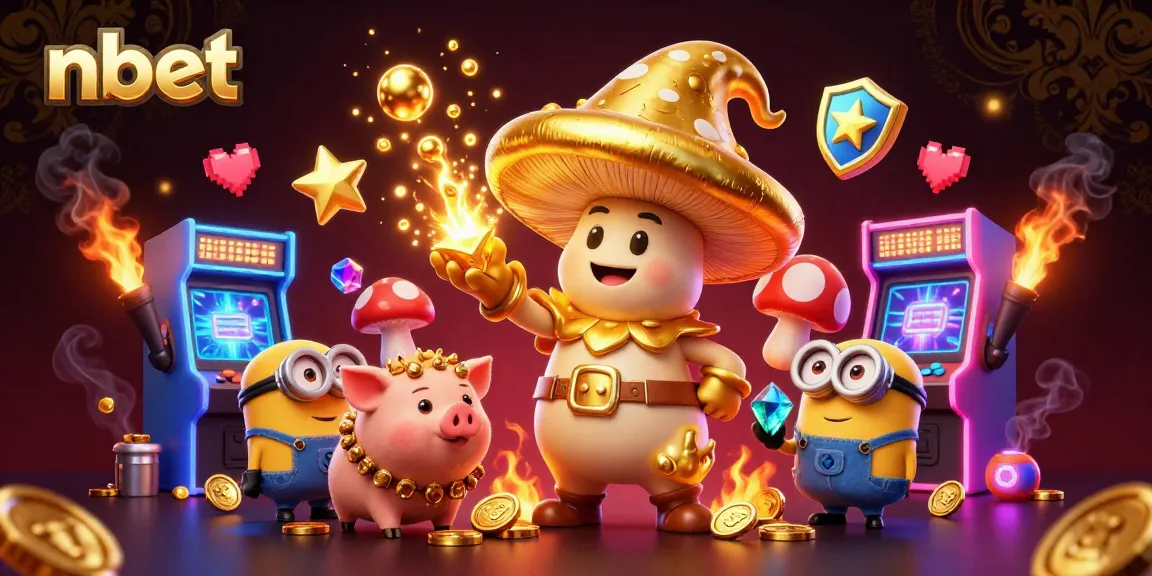 Engage with nbet's vibrant gaming strategy illustrated by a golden wizard and treasure-finding pig in a dynamic casino scene.