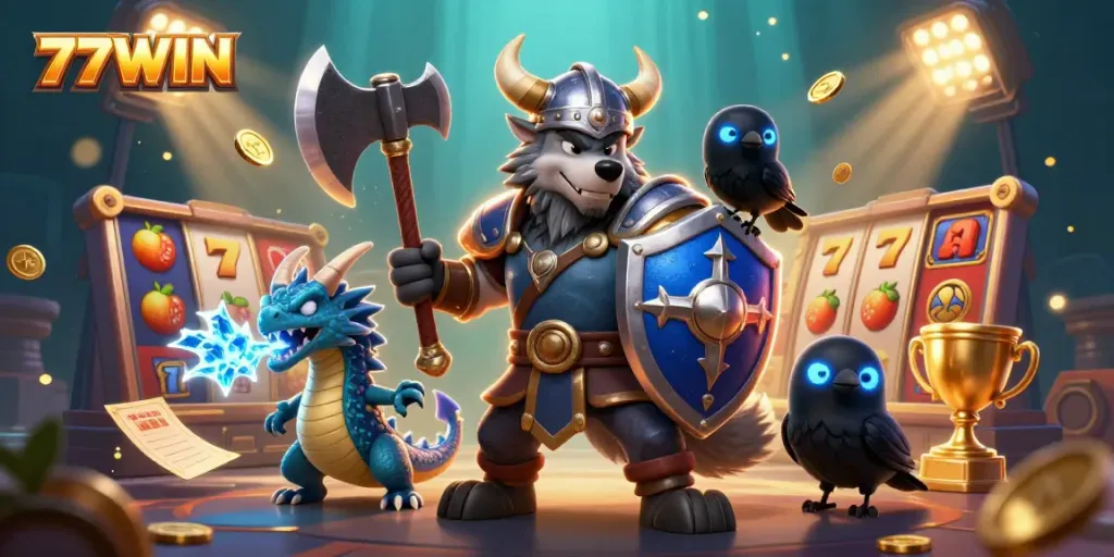 77WIN celebrates gaming excitement with dynamic 3D Viking warrior, dragon, and raven amidst slot symbols.