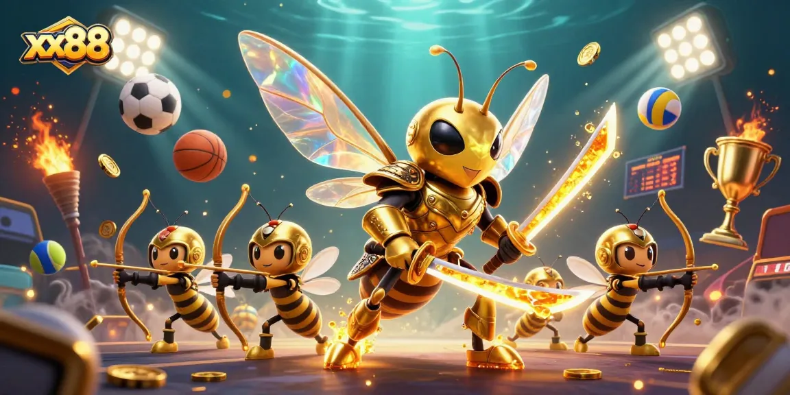 Experience the excitement of xx88 with a vibrant 3D illustration of a samurai hornet amidst dynamic sports elements.