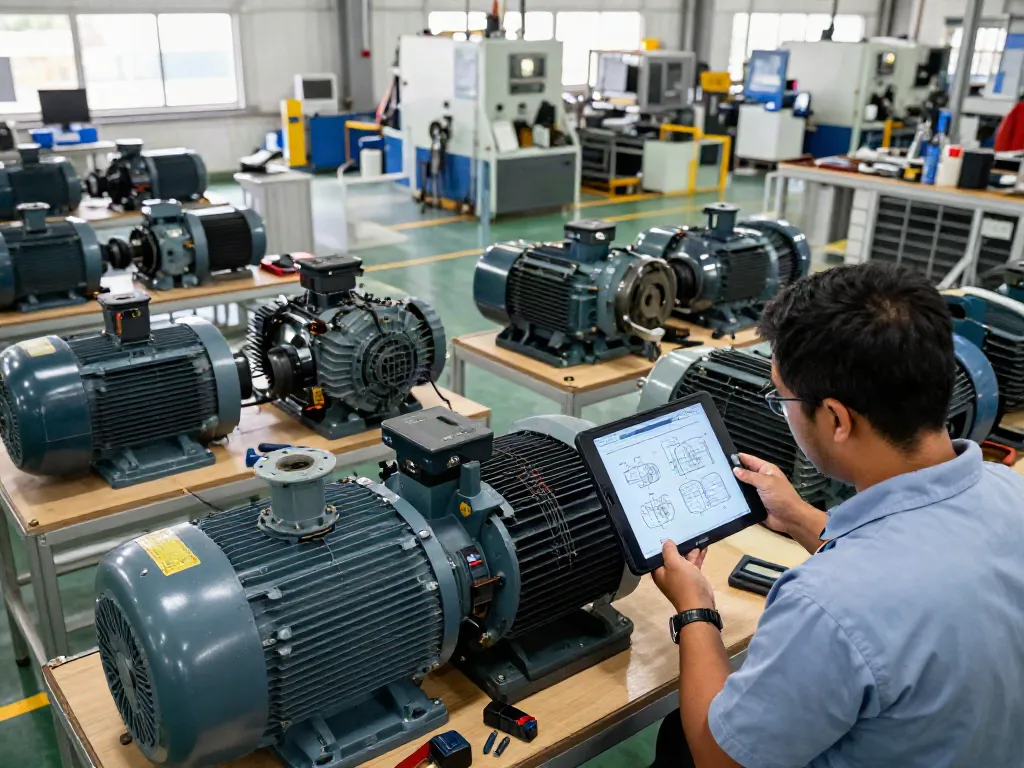 Motores eléctricos Venezuela en un entorno industrial con ingeniero analizando modelos de motores eléctricos.