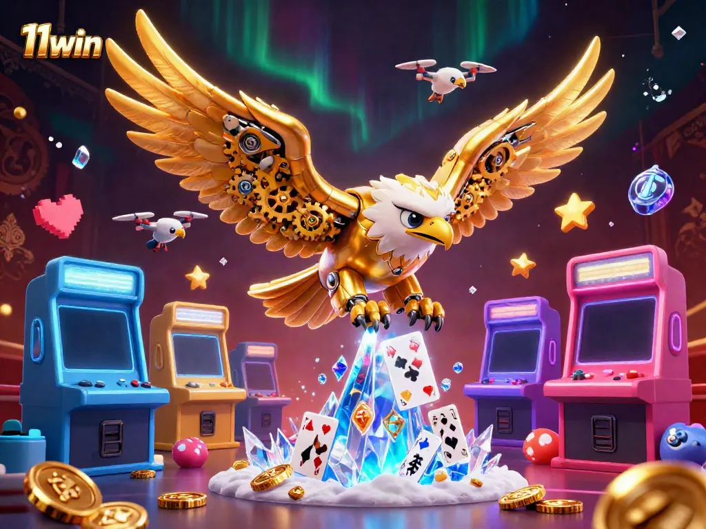 Experience the thrill of 11win with an illustration of a golden eagle diving through holographic cards amidst arcade and casino elements.