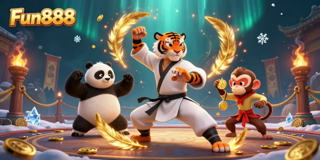 Engage with Fun888 in an ultra-detailed casino scene featuring a kung fu tiger, panda, and monkey.