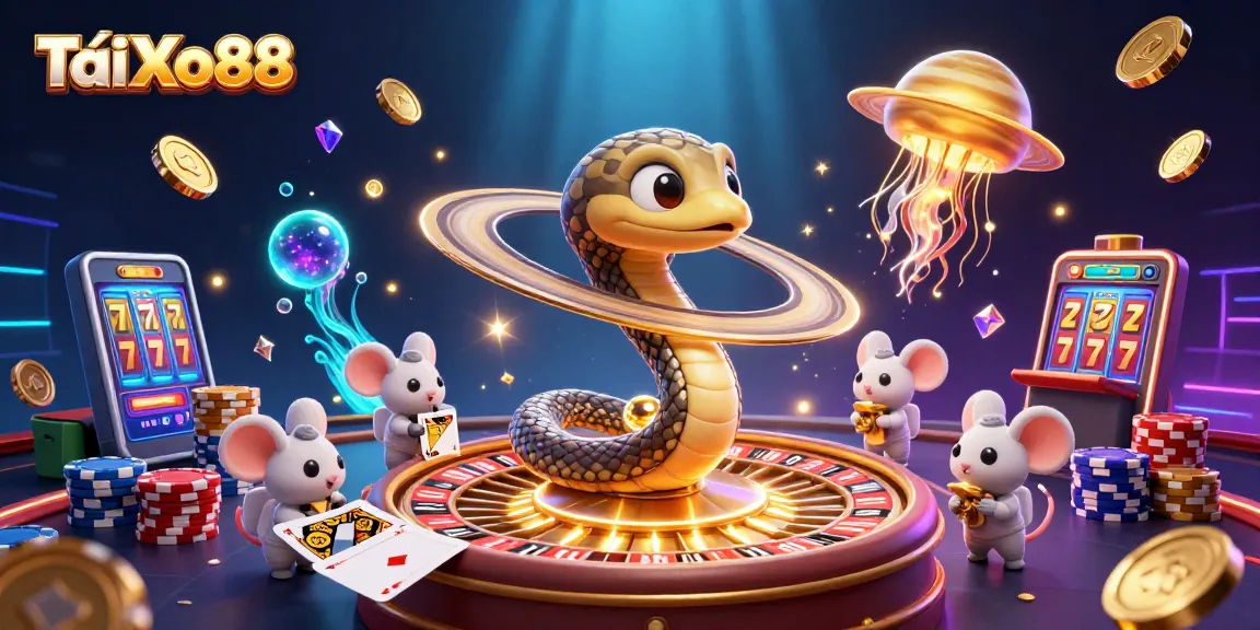 TảiXo88 reveals a colorful casino scene with astronaut mice wagering on a roulette wheel.