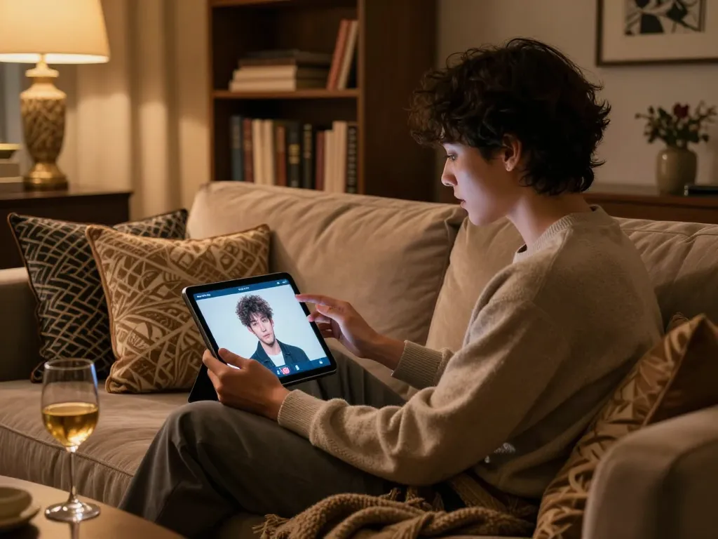 Engaging NSFW chat experience with AI character in a cozy room.
