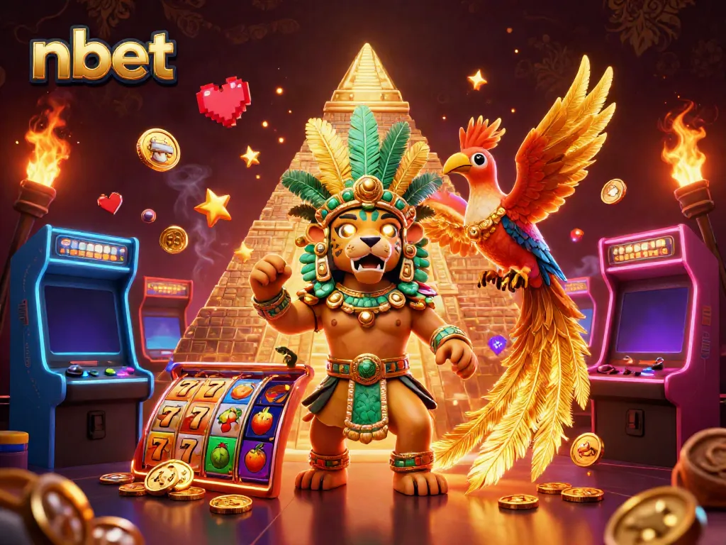 Engage with nbet's thrilling gaming scene showcasing vibrant slot reels, a jaguar priest, and dynamic casino elements.