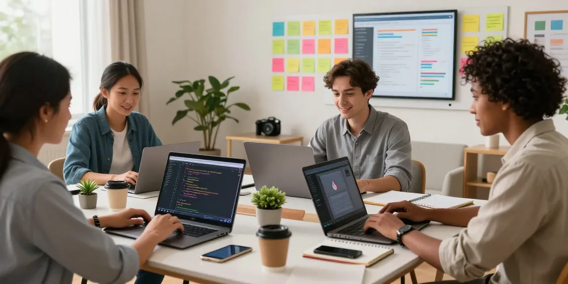 Build internal tools with AI in a collaborative tech workspace with diverse professionals engaging over video calls and coding.