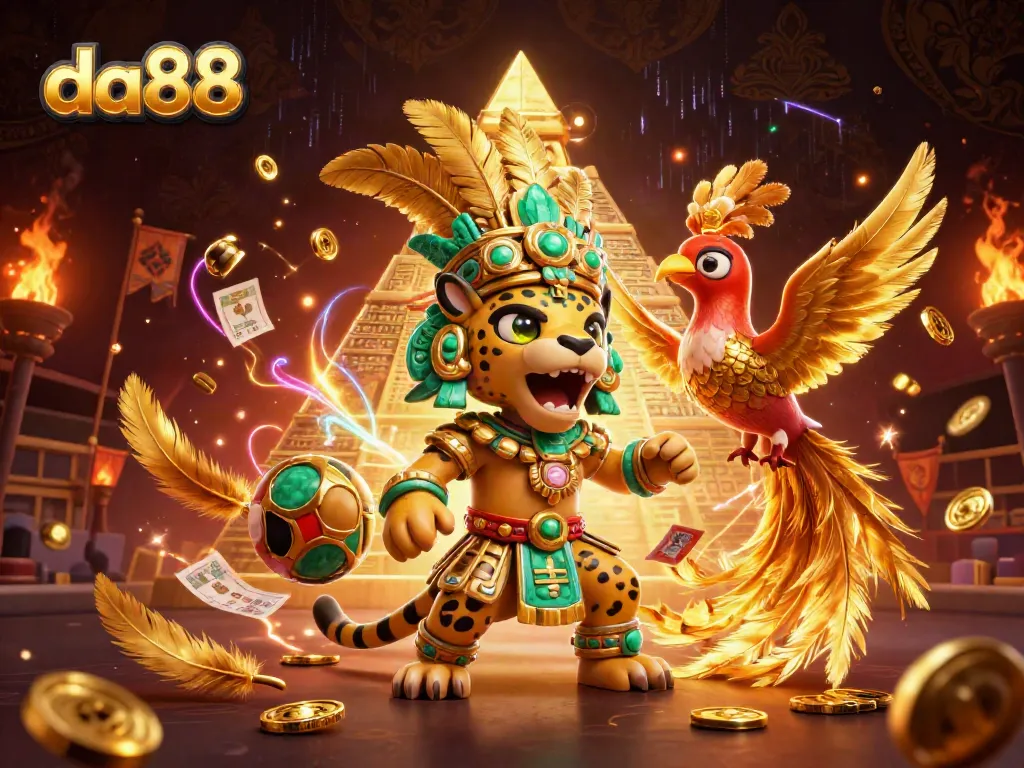 da88 showcases vibrant sports betting elements with a regal Mayan jaguar priest and colorful quetzal bird in a lively 3D illustration.