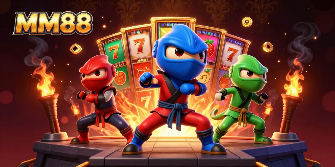 Experience the thrill at MM88 with ninja chameleons showcasing synchronized martial arts amidst vibrant slot machines.