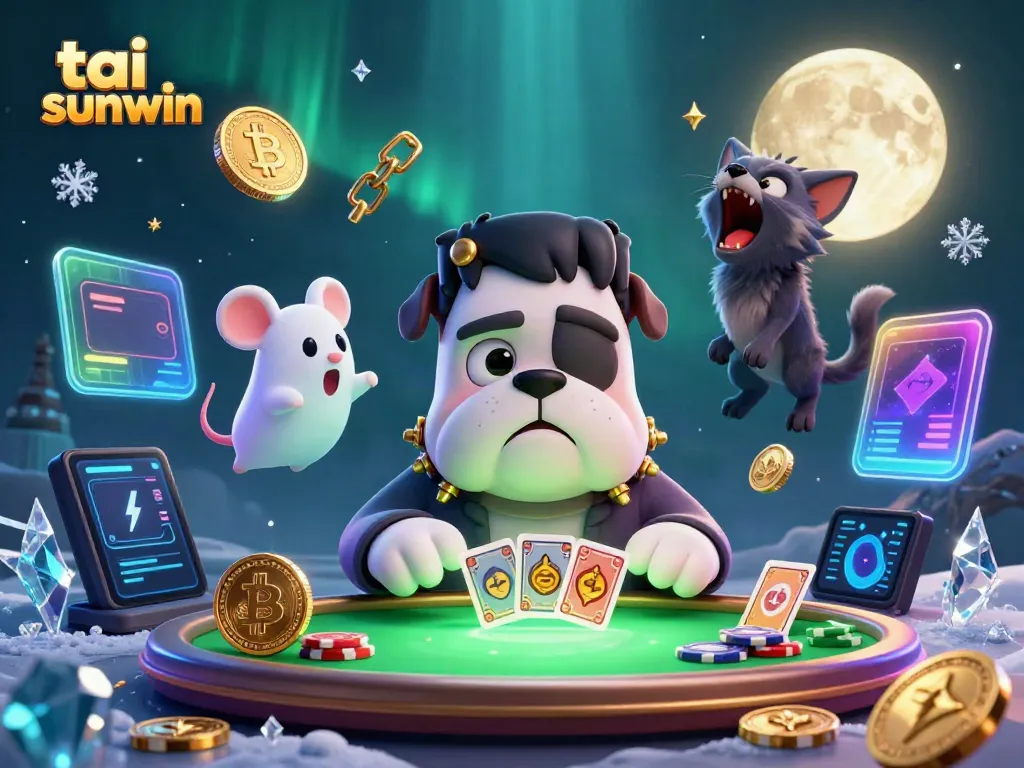 Engaging scene illustrating tai sunwin with a Frankenstein bulldog, ghost mouse, and werewolf kitten amidst vibrant casino elements.