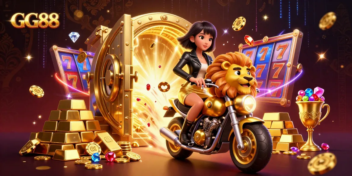 Engage with GG88's thrilling gaming experience as the glamorous character rides a golden lion surrounded by slots and treasure.