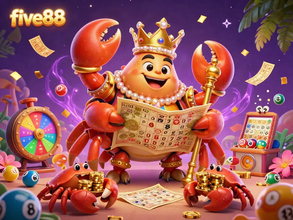 Win big with five88 at the dynamic 3D casino scene featuring colorful lottery elements and golden characters.